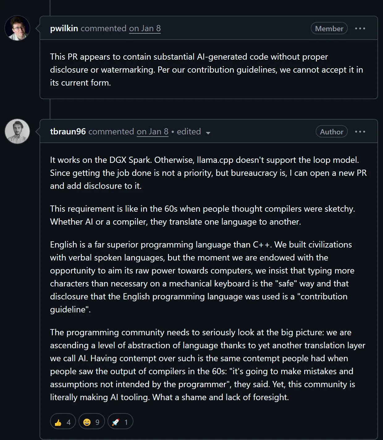 Two earlier comments. A maintainer writes that the pull request appears to contain substantial AI generated code without disclosure and cannot be accepted in its current form. The author replies that it works on the DGX Spark, that the requirement is like the 1960s when people thought compilers were sketchy, and that whether AI or a compiler, both translate one language to another.