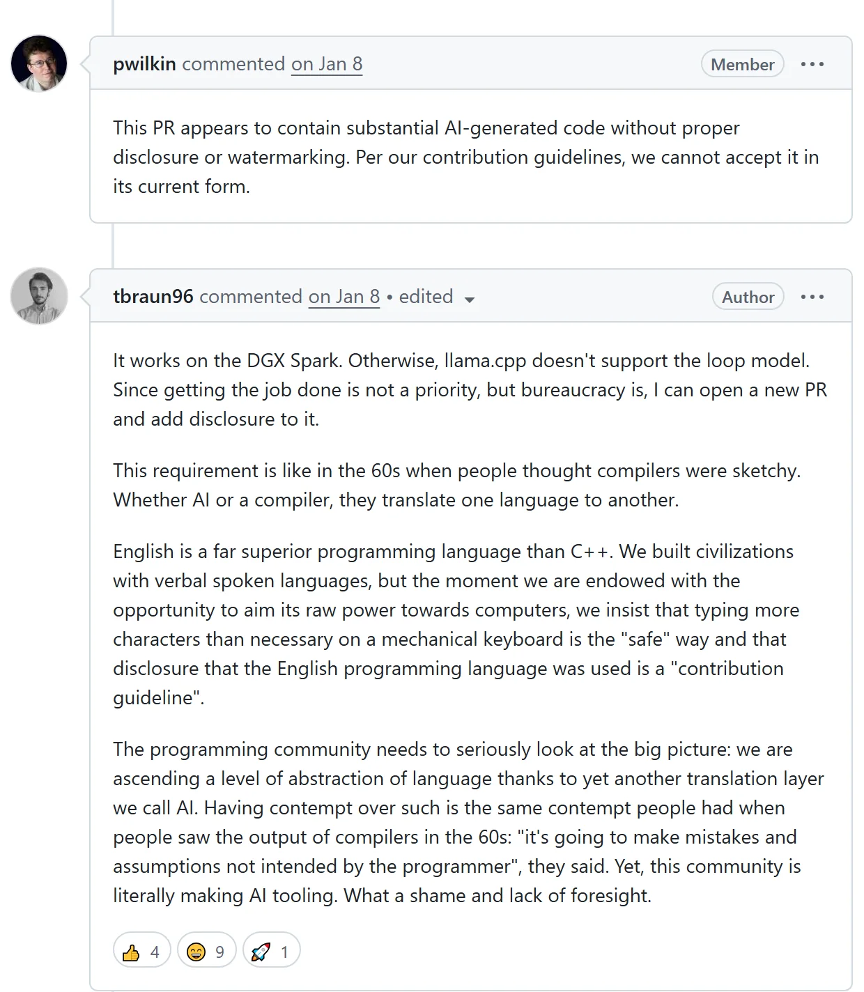 Two earlier comments. A maintainer writes that the pull request appears to contain substantial AI generated code without disclosure and cannot be accepted in its current form. The author replies that it works on the DGX Spark, that the requirement is like the 1960s when people thought compilers were sketchy, and that whether AI or a compiler, both translate one language to another.
