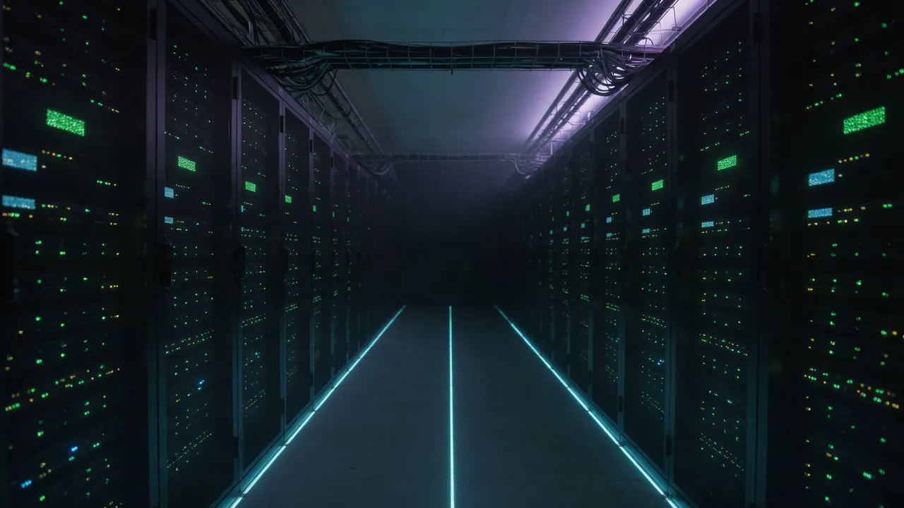 A dark datacenter aisle with rows of racks receding to a vanishing point, status lights in green and cyan.