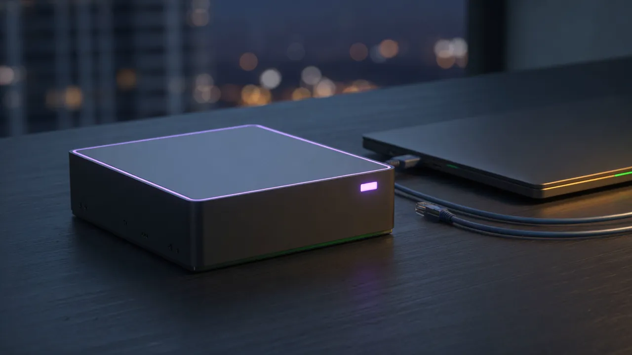 A small desktop compute box on a dark desk with a lavender status light.