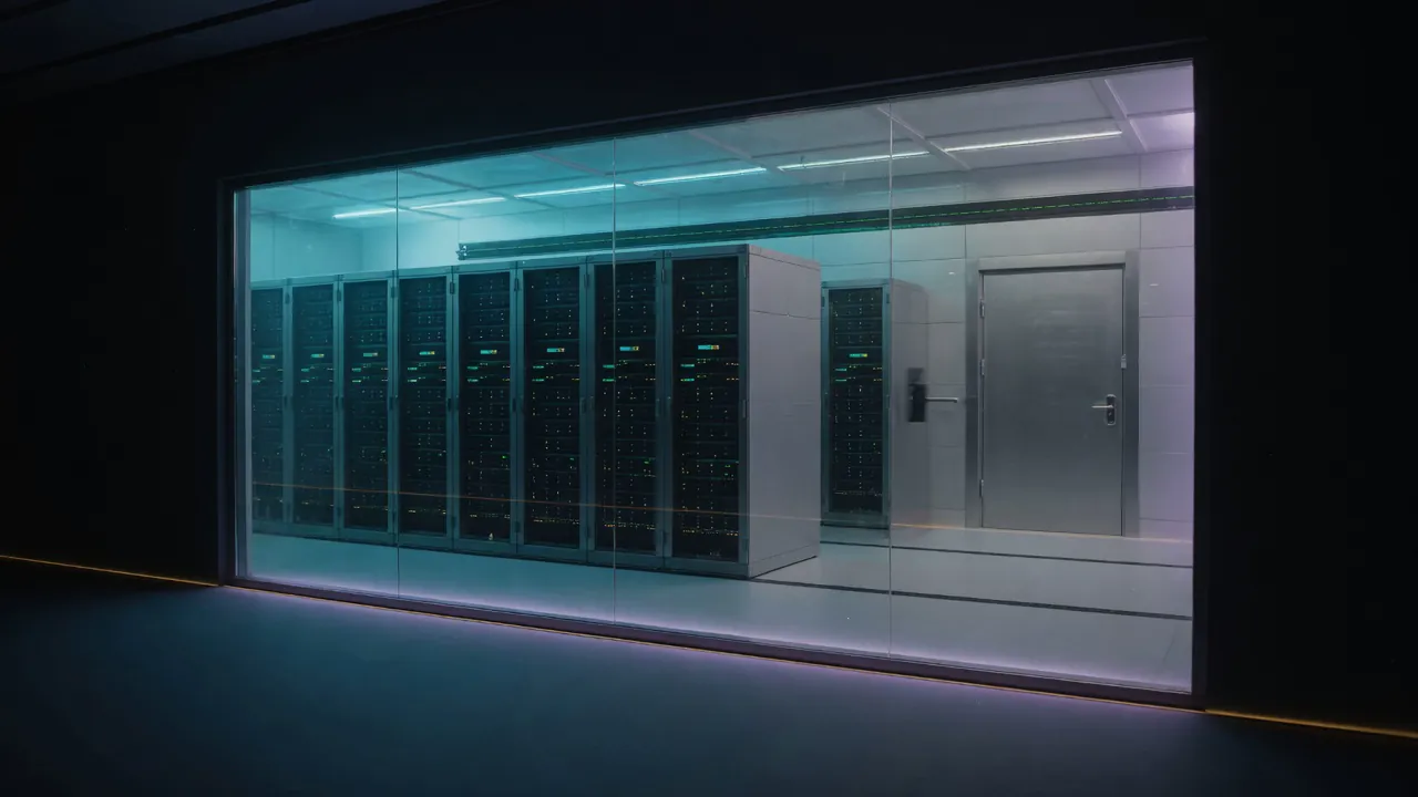 A sealed server room behind a glass wall, lit in cyan, seen from a dark corridor.