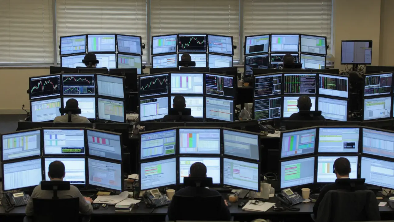 A trading floor with rows of desks, each with three monitors showing charts, and people at work seen from behind.