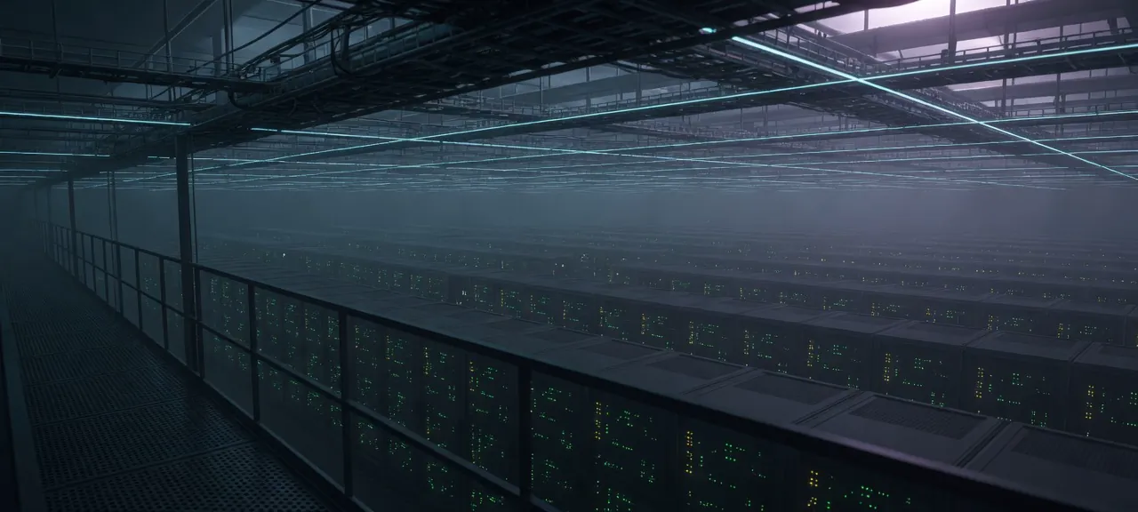 A vast data hall with rack rows running to the horizon under cyan lit cable trays.