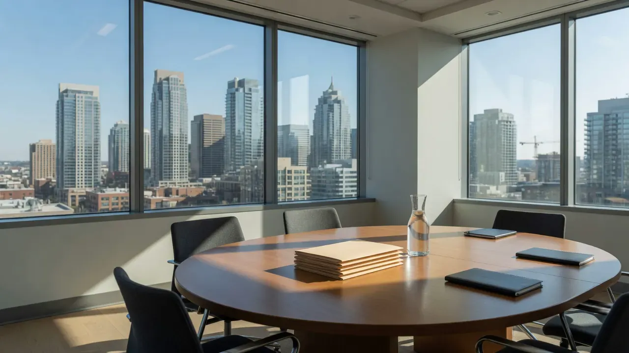 A round conference table with a neat stack of folders in a high floor office, looking out over a city skyline on a clear day.