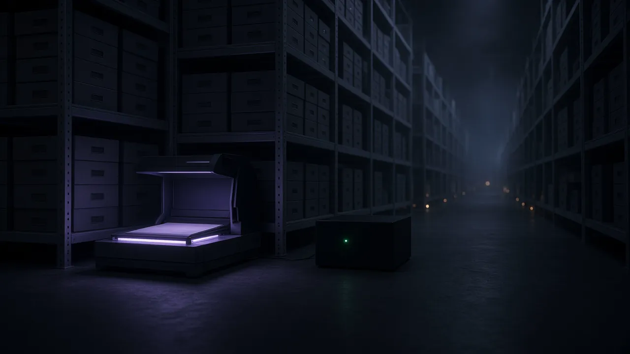 A dark records archive: shelves of document boxes receding into haze, a scanner lit lavender, a small compute box with one green light.