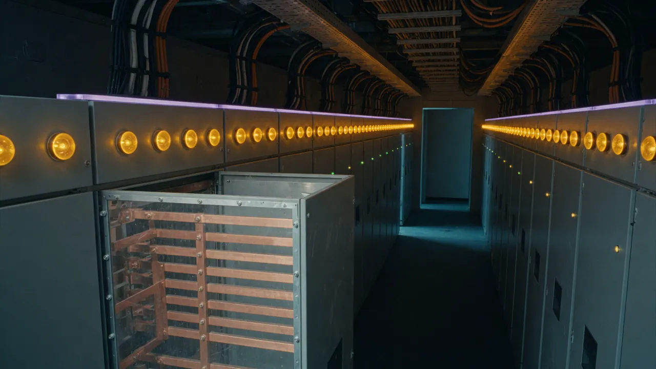 A datacenter switchgear room with copper busbars and a row of amber indicator lamps.