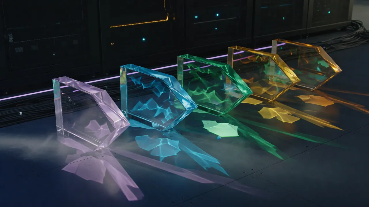 Chevron shaped glass prisms refracting lavender, cyan, green and gold light.