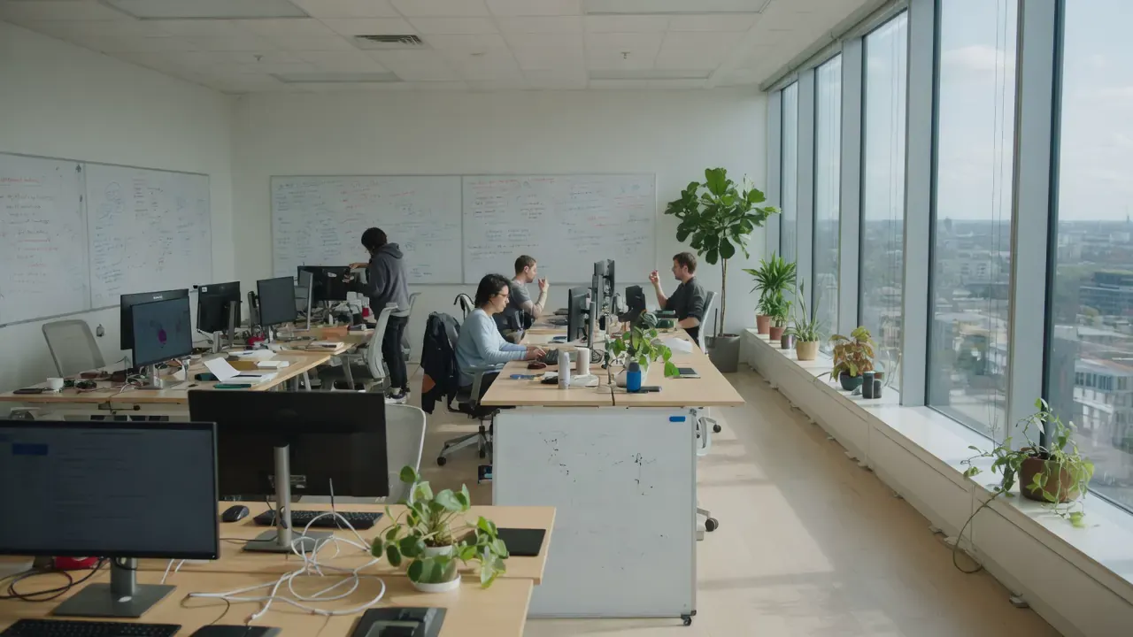 A bright open plan research office with shared desks, whiteboards of diagrams and people working at the far end.