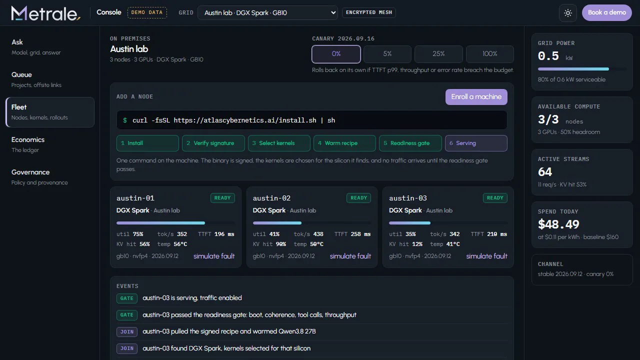 Enrolling a machine with one command. The signature is verified, kernels are chosen for the silicon, the recipe warms, the readiness gate passes and the node starts serving.