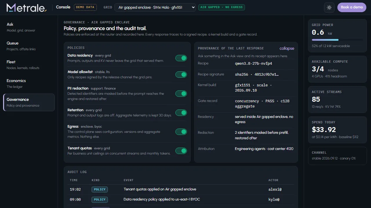 The governance view. Policies, provenance for one response and the audit log.